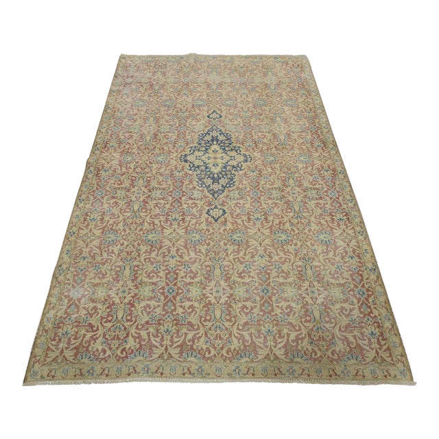 Kerman Rug 5’6” X 8’6” Red Wool Vintage Distressed Hand-Knotted Carpet For Sale