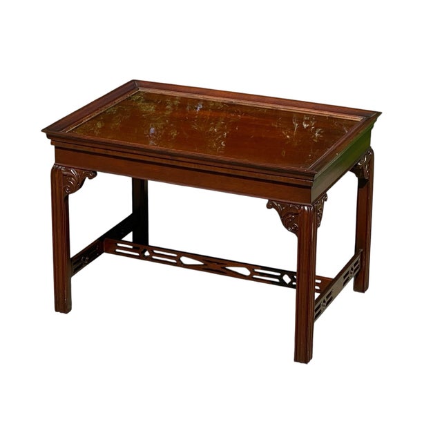 Chippendale Mid 20th Century Mahogany Chippendale Style Butlers Coffee Table With Glass Top Serving Tray For Sale - Image 3 of 12