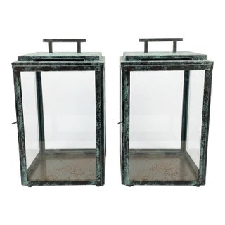 Pair of Vintage Metal With Verdigris Bronze Finish Rectangular Lanterns For Sale