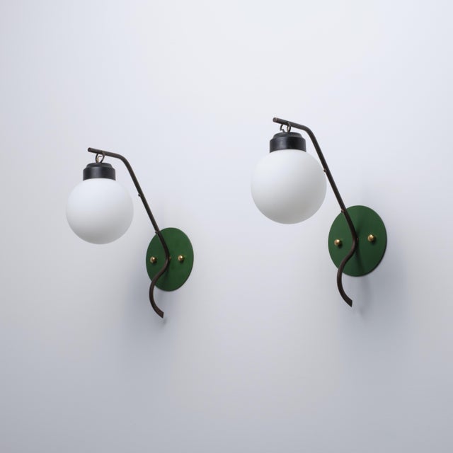 Italian Brass Wall Sconces with Opaline Globe Shades, 1950s, Set of 2 For Sale - Image 12 of 12