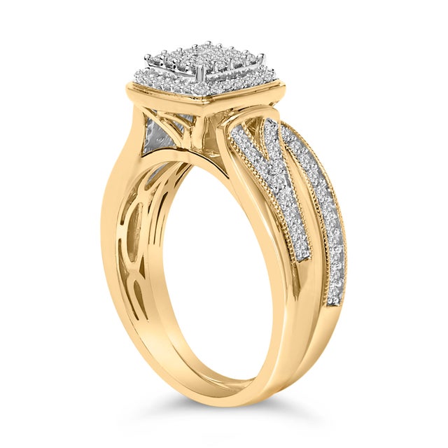 Haus of Brilliance 14K Yellow Gold Plated Sterling Silver 1/2 Cttw Diamond Square Cluster Bridal Set - Size 7 For Sale - Image 4 of 6