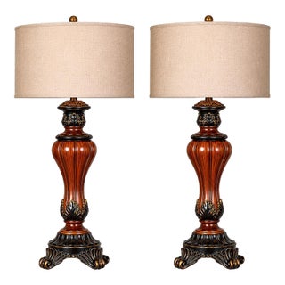 Vintage Neoclassical Revival Faux Walnut Table Lamps — Pair of 30” Architectural Regency Lamps For Sale