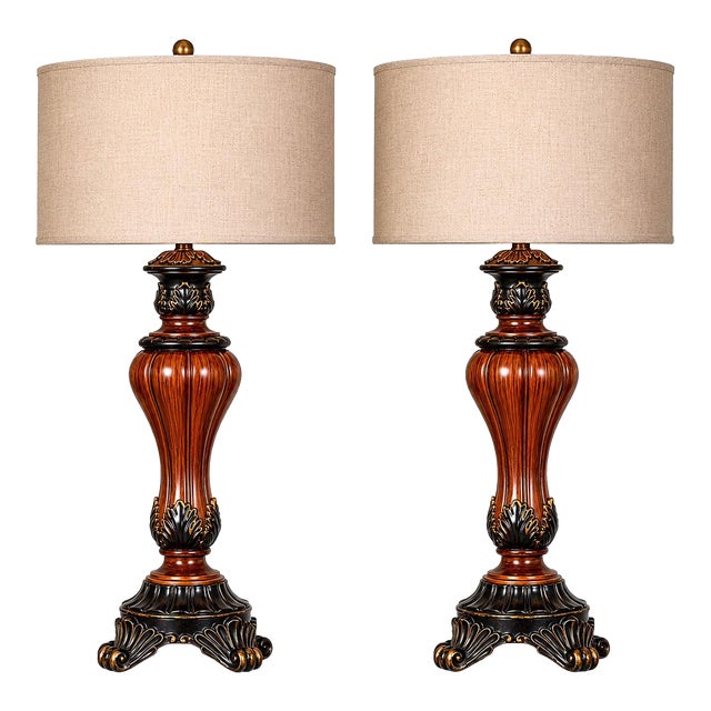 Vintage Neoclassical Revival Faux Walnut Table Lamps — Pair of 30” Architectural Regency Lamps For Sale