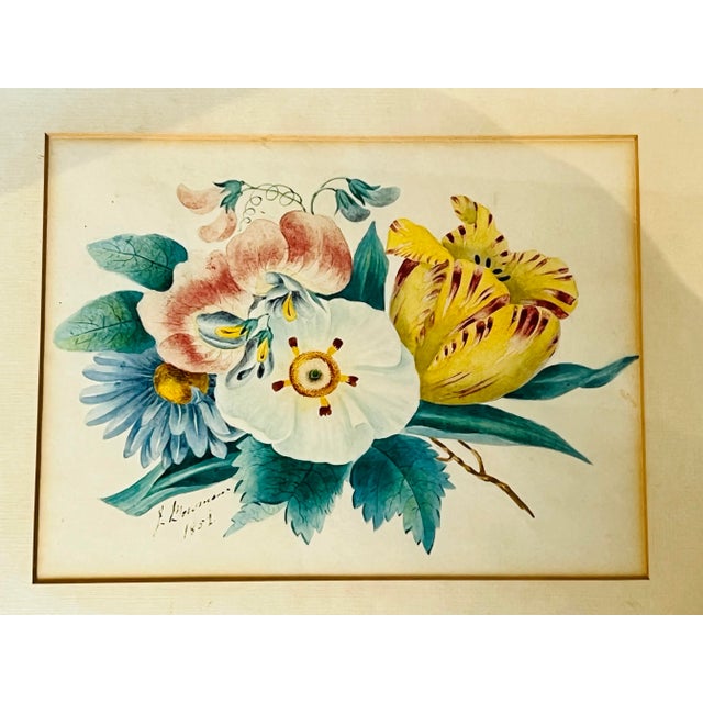 Illustration Hand Painted Framed and Matted Watercolor of Flowers, Signed, C 1859 For Sale - Image 3 of 9