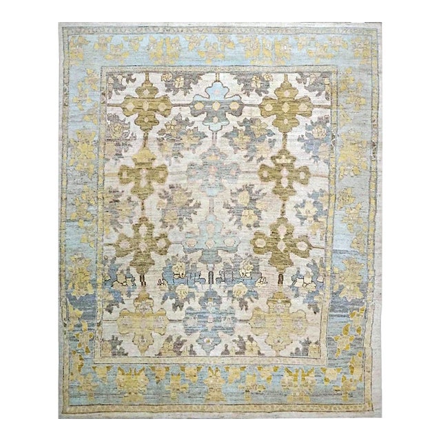 21st Century Turkish Oushak Wool 10x12 Gold, Ivory & Slate Blue Handmade Area Rug #1144133 For Sale