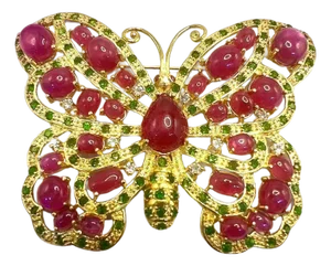 Bochic “Orient” Vintage Natural Multi Ruby & Emerald Butterfly Brooch 18K Gold &