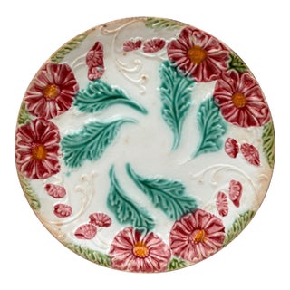 French Majolica Red Flowers Plate Salins, Circa 1890 For Sale