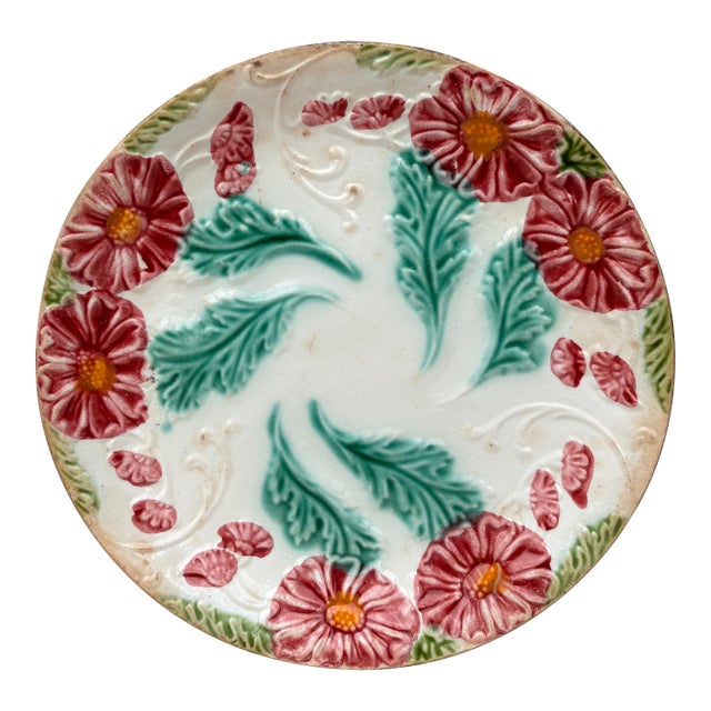French Majolica Red Flowers Plate Salins, Circa 1890 For Sale