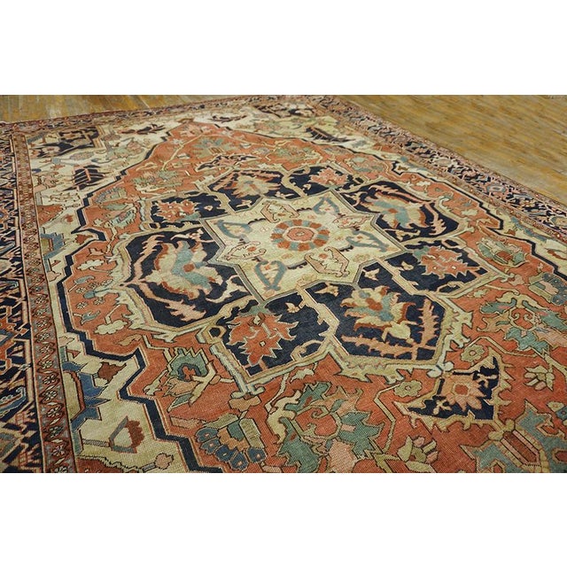 1890s Red Medallion Tribal Antique Persian Heriz Serapi Rug 8' 5" X 12' 6" Knotted Wool Carpet For Sale - Image 9 of 11