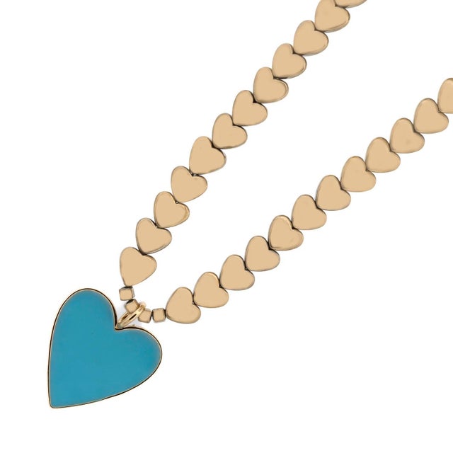 Early 21st Century Calmness Blue Heart Pendant Gold Heart Beaded Necklace For Sale - Image 5 of 8