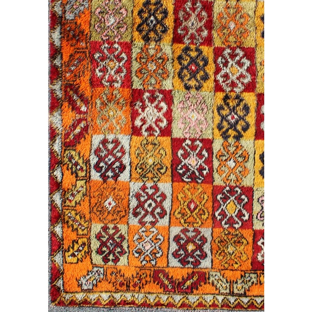 Tribal Tribal Hand Knotted Checkerboard Design Vintage Turkish Tulu Rug With Bright Multi-Colors For Sale - Image 3 of 8