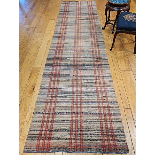 Vintage American Rag Runner, Hand-Woven Wool & Cotton, Ivory & Red Stripe Pattern, 3x13 For Sale - Image 4 of 14