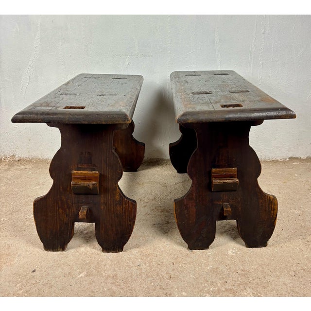 Rustic Pair of Rustic Spanish Wooden Stools, 1900s For Sale - Image 3 of 12