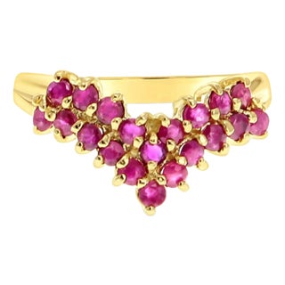 Ruby Cluster V Shaped Ring 14k Yellow Gold, Size 4 For Sale