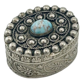 Italian Silverplate Trinket Box With Turquoise Stone For Sale