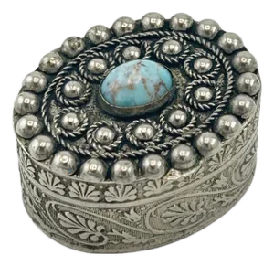 Italian Silverplate Trinket Box With Turquoise Stone