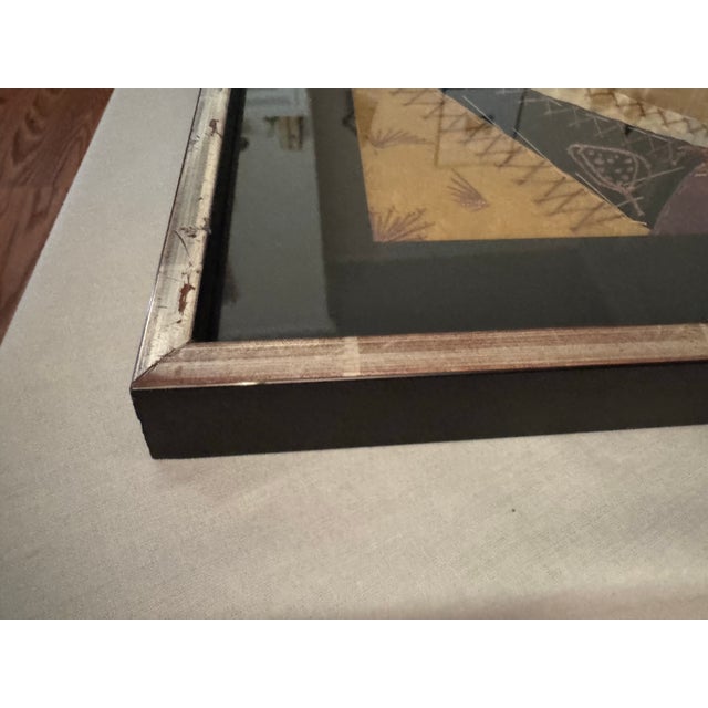 Antique Americana 1885 Crazy Quilt Framed Textile Art in Black, Blue, Gold & Cream For Sale - Image 10 of 12