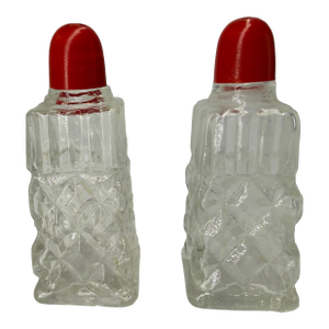 1950s Salt & Pepper Shakers Diamond Patterned Glass Red Top MCM Japan