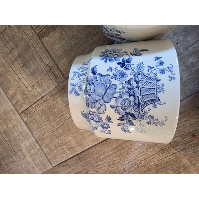 English Four Vintage English Blue and White Storage Canisters For Sale - Image 3 of 17