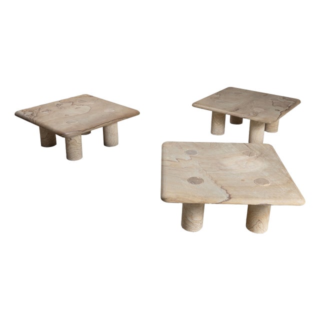 Golden Stone Tables with Interlocking Legs, 1970s, Set of 3 For Sale