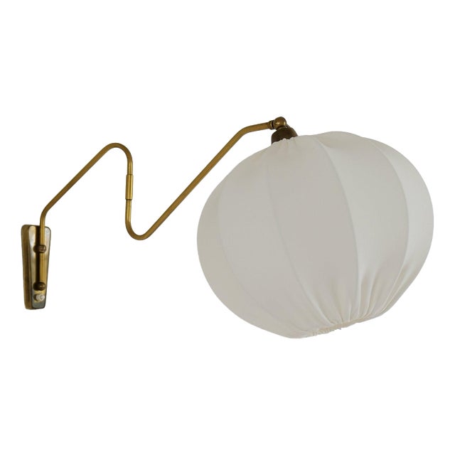Mid-Century Wall Light in Brass and Cotton Shade, Sweden, 1960 For Sale