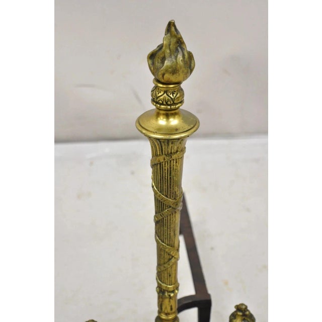 Traditional Antique French Empire Style Flame Finial Brass and Cast Iron Andirons - A Pair For Sale - Image 3 of 10