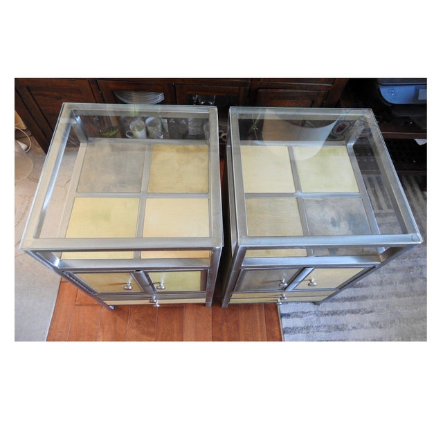 Pair of Venezia Furniture Industrial Modern Steel & Stained Wood Nightstands / End Tables With Glass Tops For Sale - Image 15 of 16