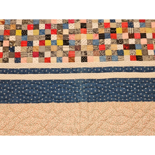 Vintage Hand Stitched and Hand Quilted Postage Stamp Quilt in Blue, Ivory, Red For Sale - Image 4 of 12