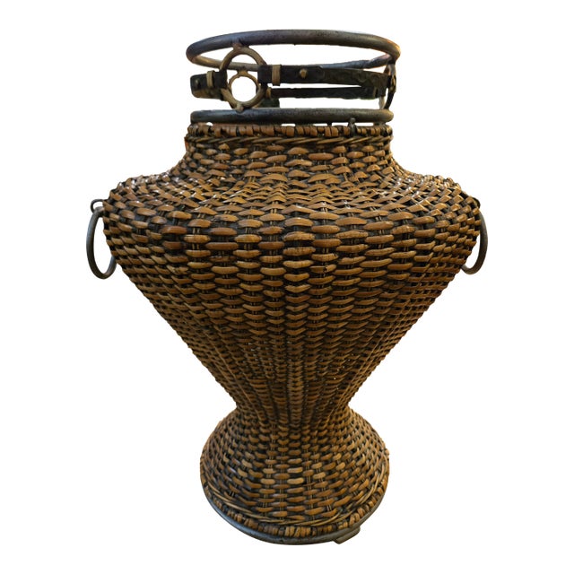 Large Vintage Woven Rattan Floor Vase With Metal Accent For Sale