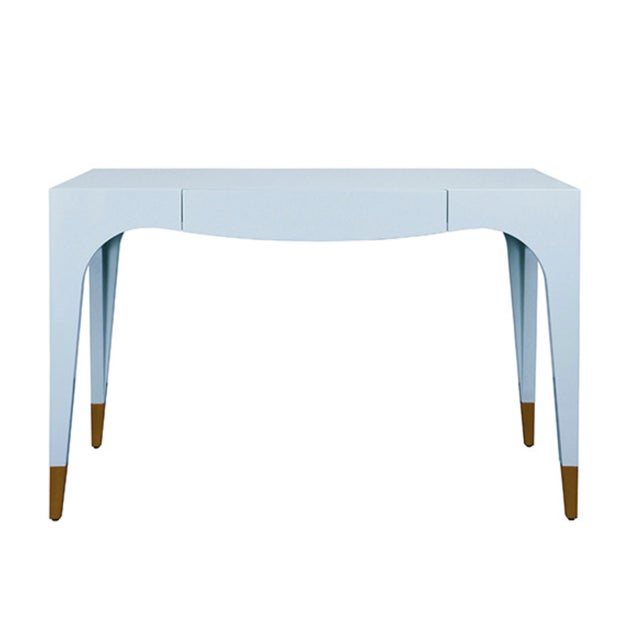 Robin's Egg Blue Matthew Izzo Home Mandi Glossy Light Blue One Drawer Desk With Brass Foot Caps For Sale - Image 8 of 8