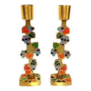 1970s Terra Sancta Guild Enamel Brass Candle Holders- a Pair For Sale