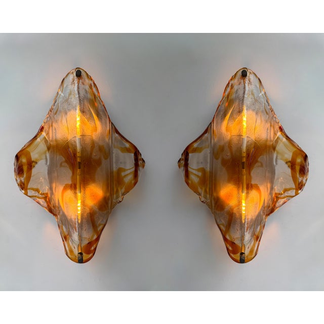 Mazzega Murano Pair of Sconces Amber Murano Glass by Mazzega, Italy, 1970s For Sale - Image 4 of 12