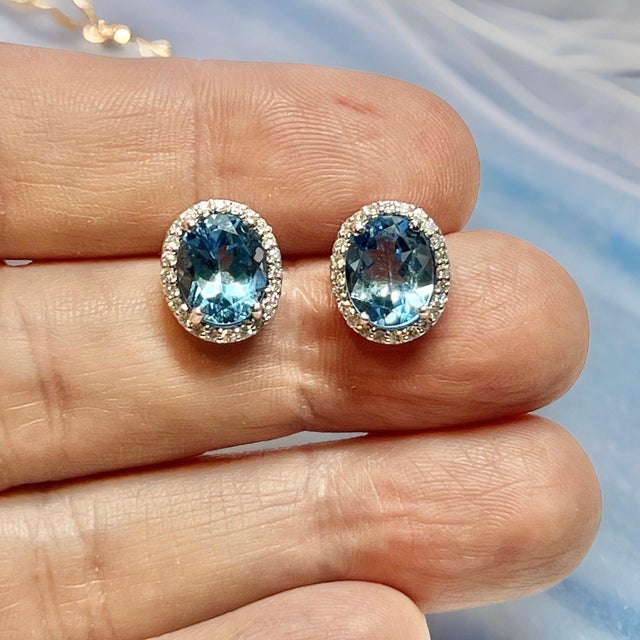 Natural Topaz Diamond Stud Earrings 14k W Gold 6.98 TCW Certified For Sale - Image 13 of 17