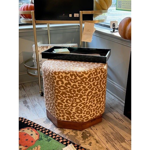 2020s Leopard Hexagonal Ottoman With Wood Base For Sale - Image 5 of 7