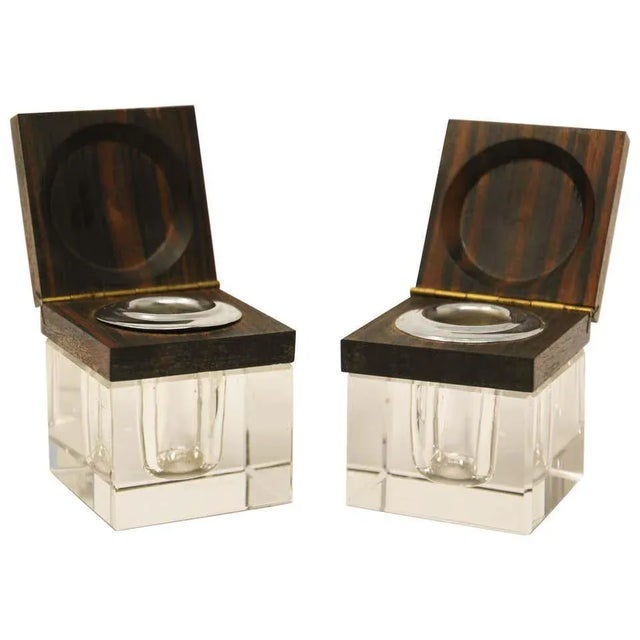 Art Deco Inkwells in Macassar Wood and Crystal, Jacques Adnet Style For Sale - Image 13 of 13