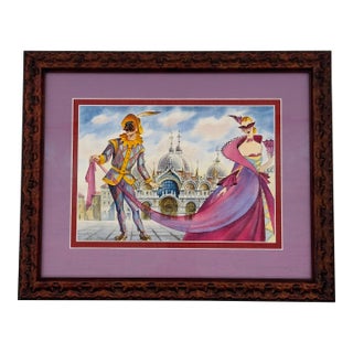 Original Watercolor Painting Venice Carnival St. Mark’s Square Italy For Sale