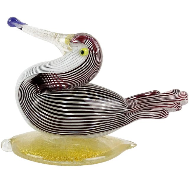 Glass Vintage Murano Dino Martens Black White Stripes Gold Leaf Base Italian Art Glass Bird Figure Sculpture For Sale - Image 7 of 7