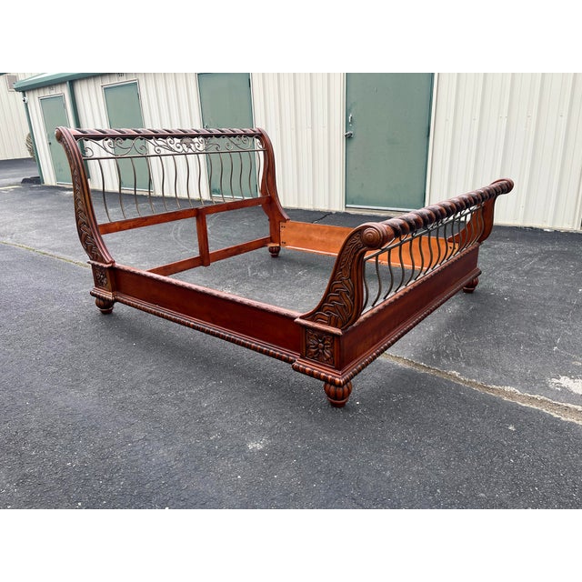 American King Size Wrought Iron and Cherry Sleigh Bed Frame For Sale - Image 3 of 12