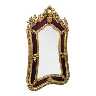 Crimson Grandeur – French Rococo Mirror With Burgundy Velvet Accents & Lavishly Gilded Ornamental Frame For Sale