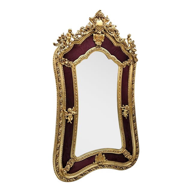Crimson Grandeur – French Rococo Mirror With Burgundy Velvet Accents & Lavishly Gilded Ornamental Frame For Sale