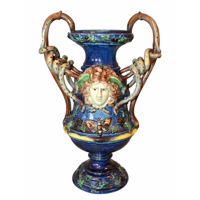 French 19th Century Antique Hand Painted Ceramic Vase Wine Decanter Wooden Riser For Sale - Image 12 of 13