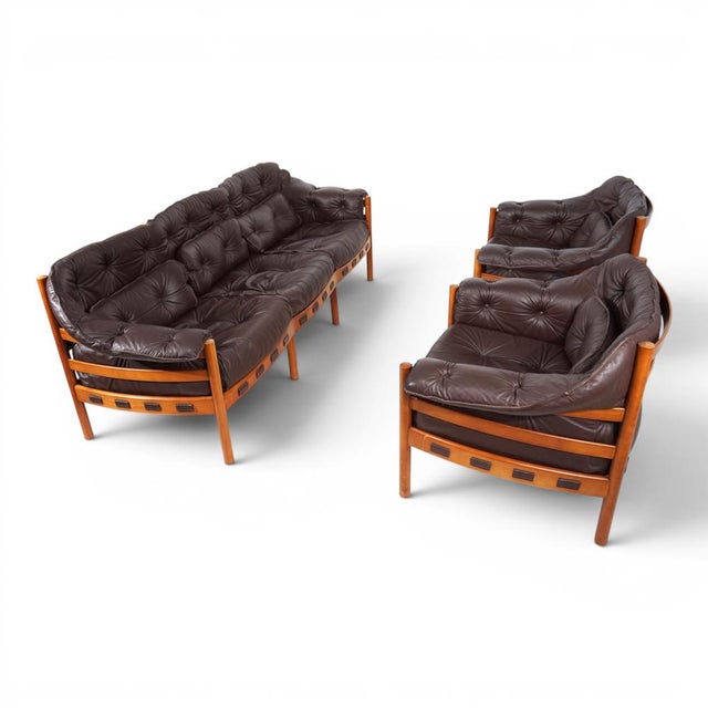 Coja Living Room Set with 3-Seater Sofa and 2 Lounge Chairs in Brown Leather by Sven Ellekaer, 1960, Set of 3 For Sale - Image 11 of 18