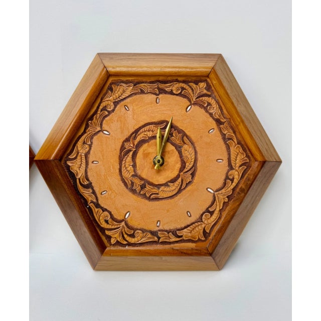 1960's Hexagon Wood & Tooled Leather Wall Clocks – Working Pair For Sale - Image 4 of 16