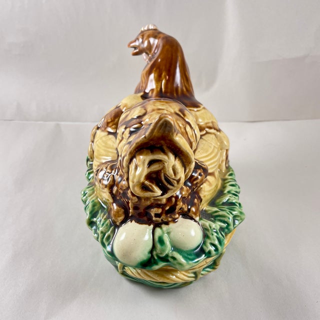 1900 - 1909 Saint Honore Les Bains Majolica French Hen on Basket Terrine For Sale - Image 5 of 12