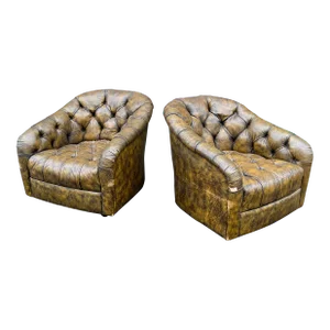 Pair of Ward Bennett Brown Leather Chairs on Casters