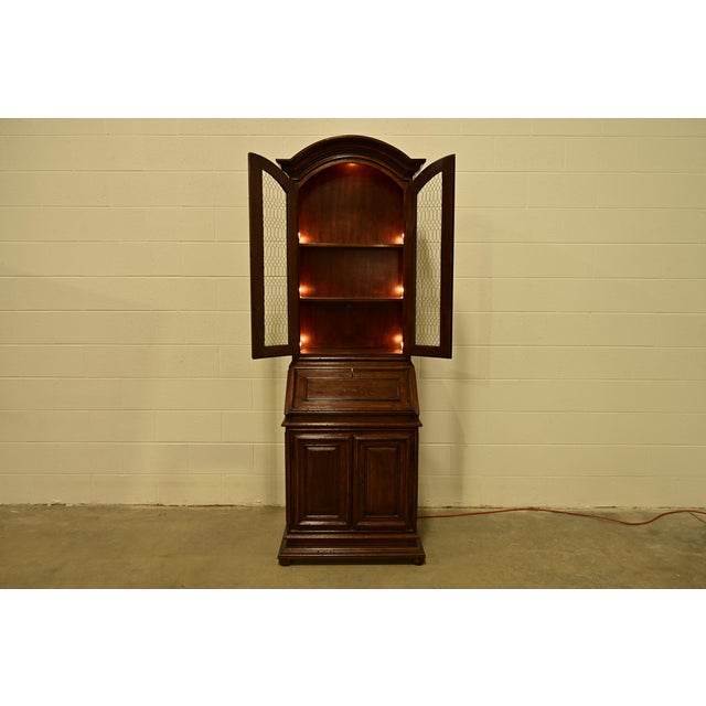 Wood Guido Zichele Style Italian Provincial Carved Walnut Drop Front Secretary Desk With Lighted Bookcase Hutch, Circa 1970s For Sale - Image 7 of 18