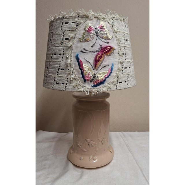 Vintage Table Lamp with Beige Floral Decorated Ceramic Base and Handmade Fabric Shade from Lamplove, 1970s, in Good...