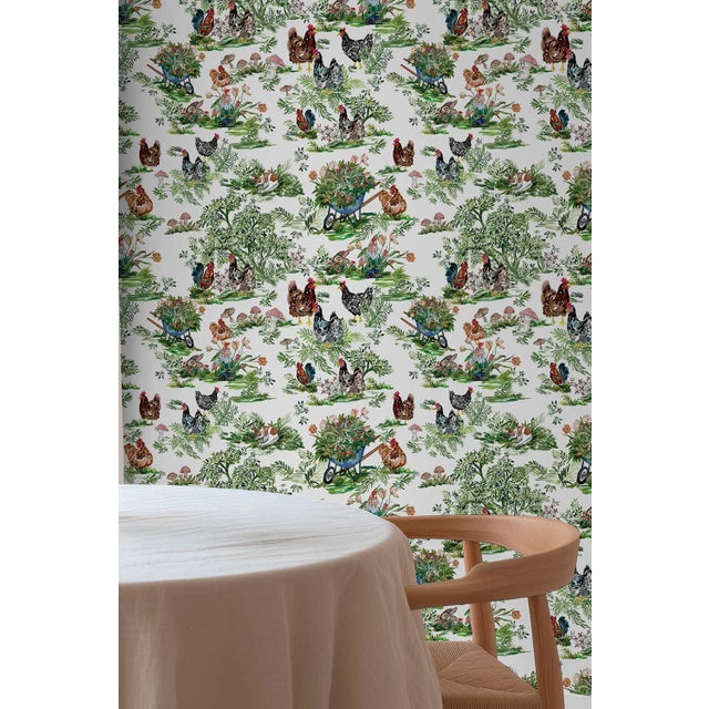 White Cluckingham Farm Toile Grasscloth Wallpaper by House Party | Egg White | 8 Yards For Sale - Image 8 of 10
