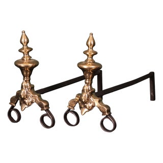 Antique Dutch Brass and Wrought Andirons, 1750, Set of 2 For Sale