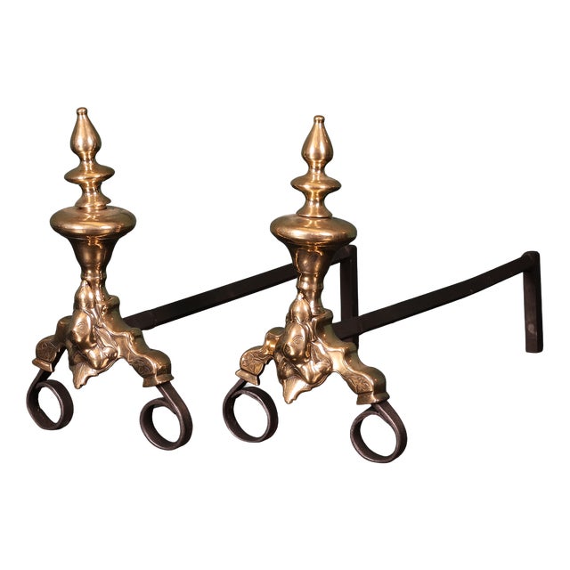 Antique Dutch Brass and Wrought Andirons, 1750, Set of 2 For Sale